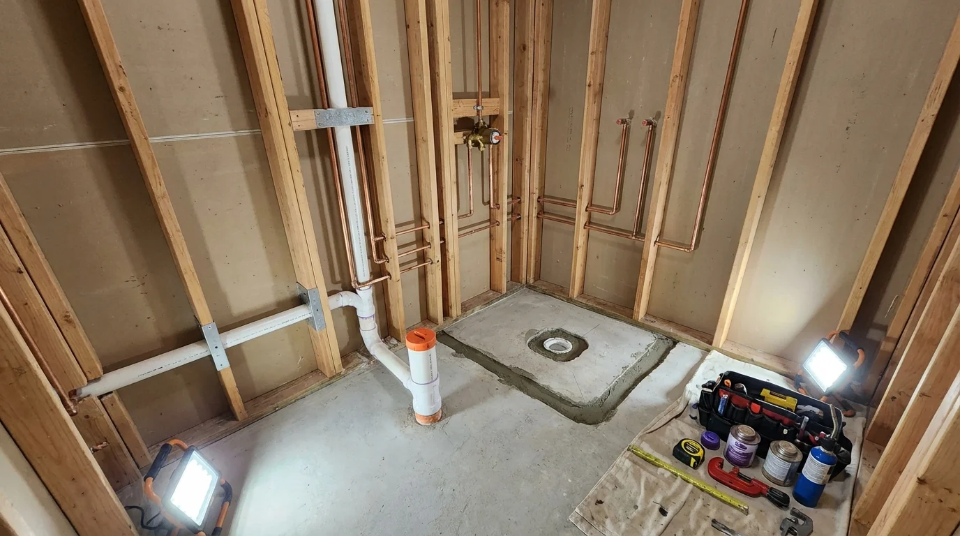 Bathroom rough-in plumbing during remodel by Johns Plumbing LLC in Philip