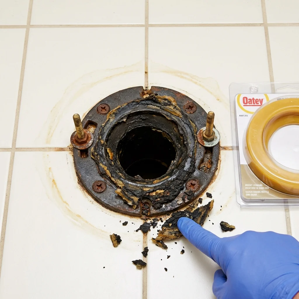 Failed wax ring showing water seepage at the base of a toilet in a Philip, SD home