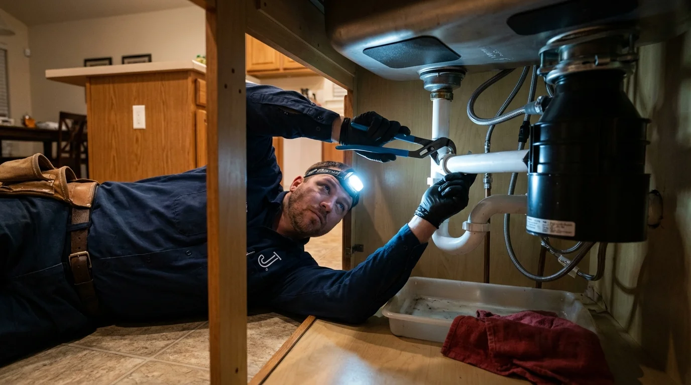 P-trap and supply line connections under a kitchen sink showing a common leak point in Philip, SD